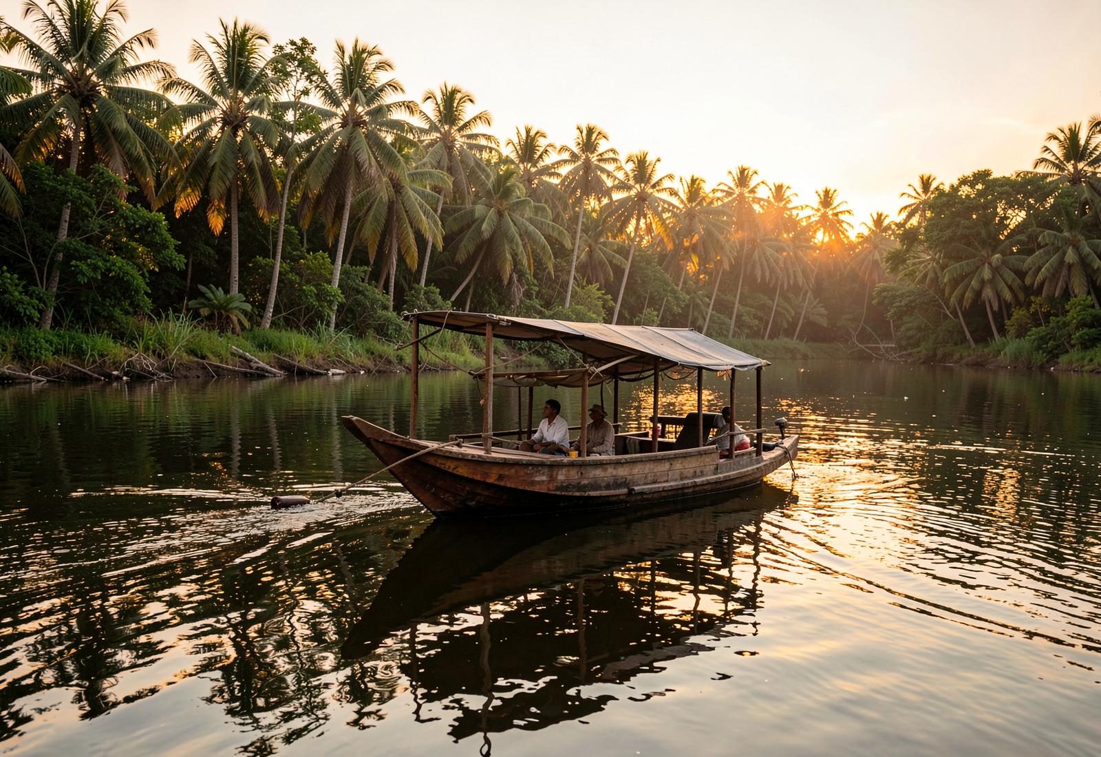 Sunset Lagoon safari boat on the Bentota River at golden hour