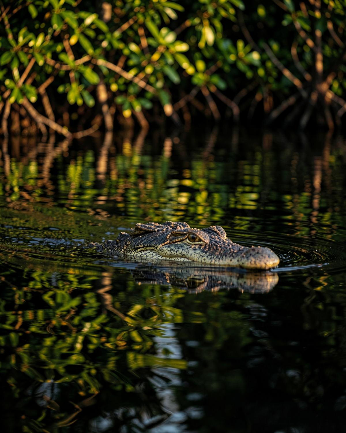 Crocodile gliding through the Bentota River mangroves